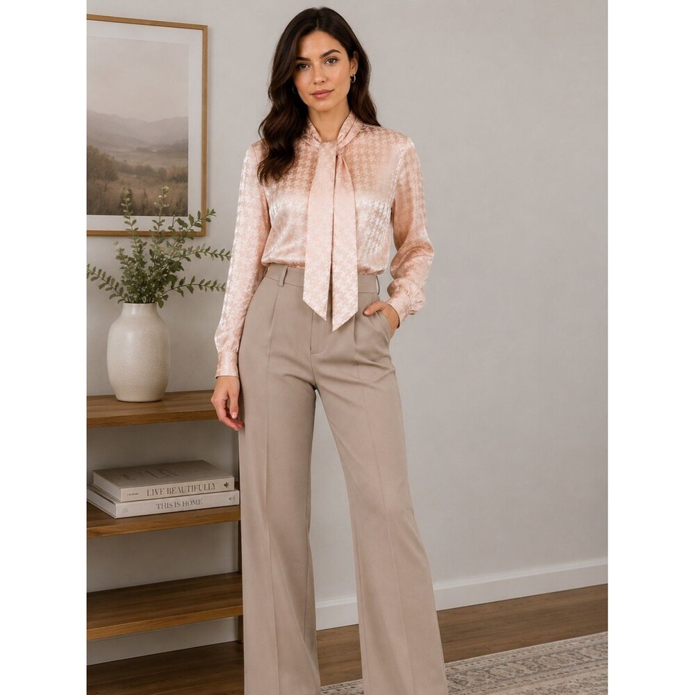 Jordan Vintage Blush Pink Satin Houndstooth Bow Blouse Chic Secretary Top